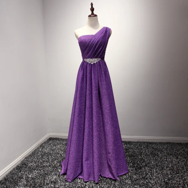 Simple Gris Robe De Soirée 2017 Princesse Longue Volants en Cascade Une épaule Sans Manches Dos Nu Faux Diamant Ceinture Glitter Robe De Ceremonie