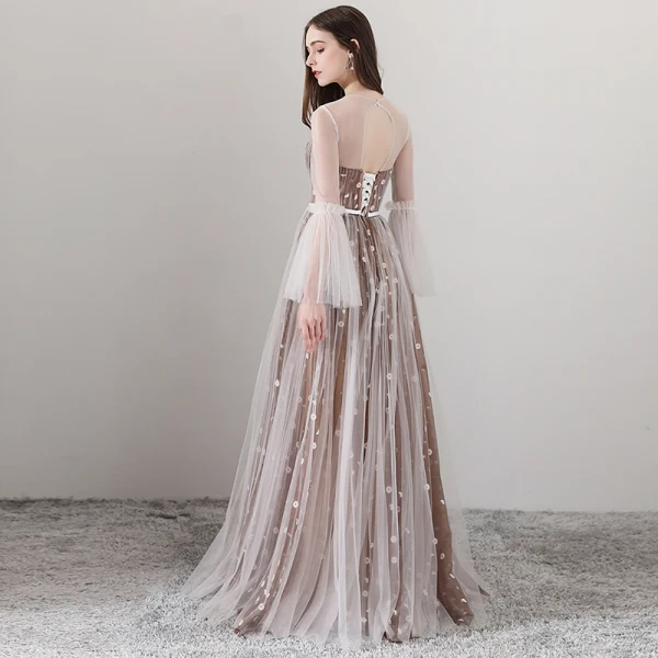 Élégant Marron Transparentes Robe De Soirée 2018 Princesse Encolure Dégagée Manches Longues Appliques Fleur Ceinture Longue Volants Dos Nu Robe De Ceremonie