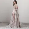 Elegant Brown See-through Evening Dresses  2018 A-Line / Princess Scoop Neck Long Sleeve Appliques Flower Sash Floor-Length / Long Ruffle Backless Formal Dresses