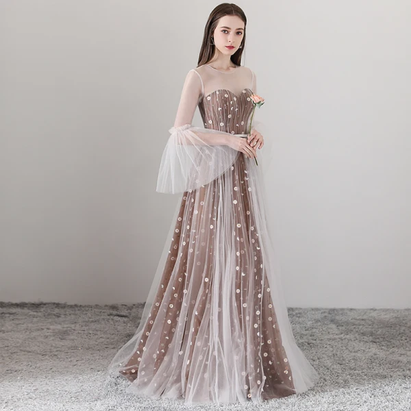 Élégant Marron Transparentes Robe De Soirée 2018 Princesse Encolure Dégagée Manches Longues Appliques Fleur Ceinture Longue Volants Dos Nu Robe De Ceremonie