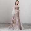 Elegant Brown See-through Evening Dresses  2018 A-Line / Princess Scoop Neck Long Sleeve Appliques Flower Sash Floor-Length / Long Ruffle Backless Formal Dresses