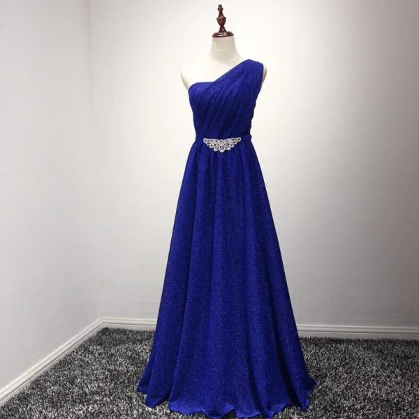 Simple Gris Robe De Soirée 2017 Princesse Longue Volants en Cascade Une épaule Sans Manches Dos Nu Faux Diamant Ceinture Glitter Robe De Ceremonie