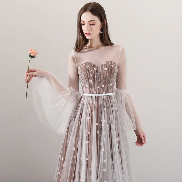 Élégant Marron Transparentes Robe De Soirée 2018 Princesse Encolure Dégagée Manches Longues Appliques Fleur Ceinture Longue Volants Dos Nu Robe De Ceremonie