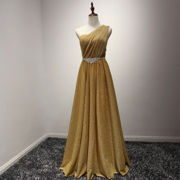 Simple Gris Robe De Soirée 2017 Princesse Longue Volants en Cascade Une épaule Sans Manches Dos Nu Faux Diamant Ceinture Glitter Robe De Ceremonie