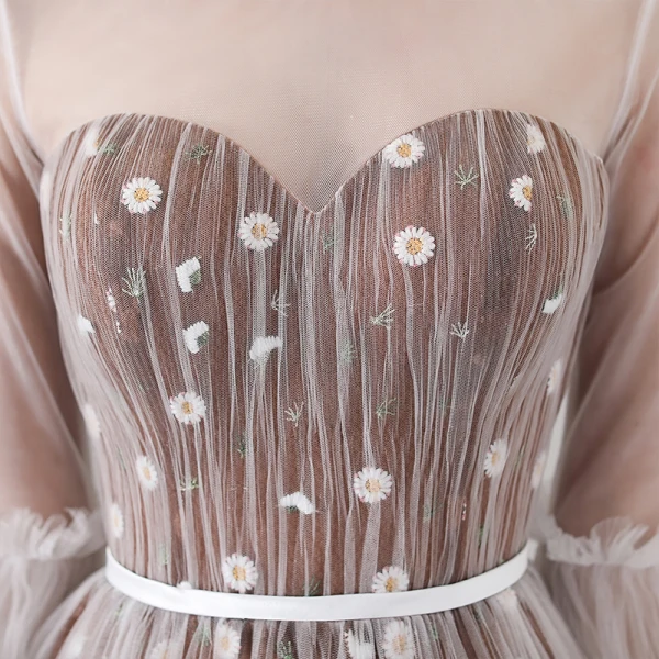 Élégant Marron Transparentes Robe De Soirée 2018 Princesse Encolure Dégagée Manches Longues Appliques Fleur Ceinture Longue Volants Dos Nu Robe De Ceremonie