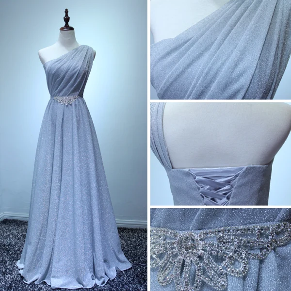 Simple Gris Robe De Soirée 2017 Princesse Longue Volants en Cascade Une épaule Sans Manches Dos Nu Faux Diamant Ceinture Glitter Robe De Ceremonie