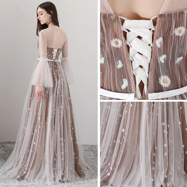 Élégant Marron Transparentes Robe De Soirée 2018 Princesse Encolure Dégagée Manches Longues Appliques Fleur Ceinture Longue Volants Dos Nu Robe De Ceremonie