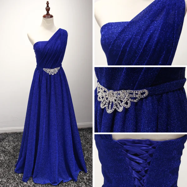 Simple Gris Robe De Soirée 2017 Princesse Longue Volants en Cascade Une épaule Sans Manches Dos Nu Faux Diamant Ceinture Glitter Robe De Ceremonie