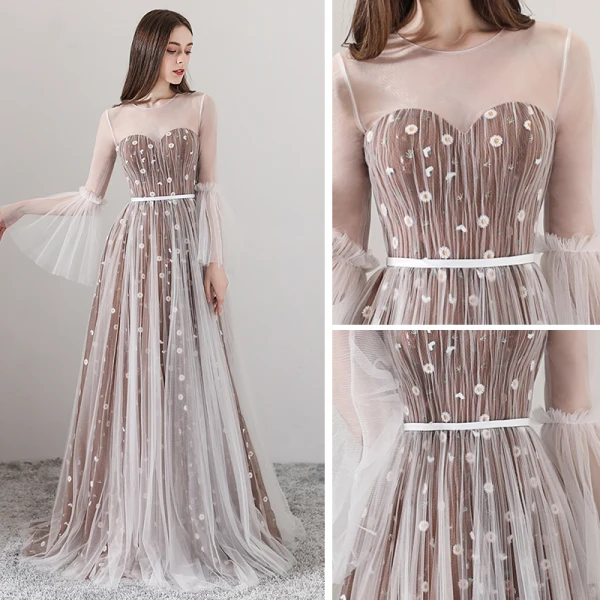 Élégant Marron Transparentes Robe De Soirée 2018 Princesse Encolure Dégagée Manches Longues Appliques Fleur Ceinture Longue Volants Dos Nu Robe De Ceremonie