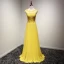 Moderne / Mode Jaune Robe De Soirée 2017 Princesse Train De Balayage Volants en Cascade Encolure Dégagée Sans Manches Dos Nu En Dentelle Appliques Percé Robe De Ceremonie