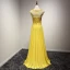 Moderne / Mode Jaune Robe De Soirée 2017 Princesse Train De Balayage Volants en Cascade Encolure Dégagée Sans Manches Dos Nu En Dentelle Appliques Percé Robe De Ceremonie