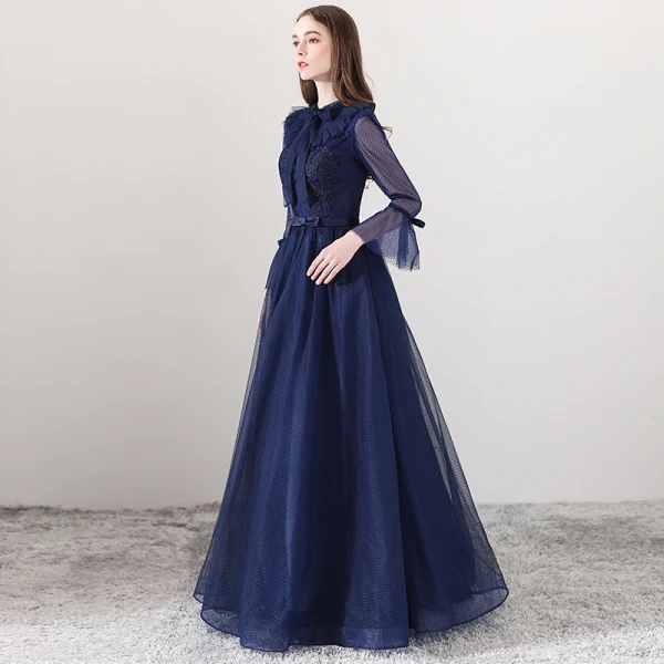 Moderne / Mode Bleu Marine Robe De Soirée 2018 Princesse Encolure Carrée Manches Longues Noeud Ceinture Longue Volants Dos Nu Robe De Ceremonie