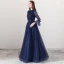 Moderne / Mode Bleu Marine Robe De Soirée 2018 Princesse Encolure Carrée Manches Longues Noeud Ceinture Longue Volants Dos Nu Robe De Ceremonie