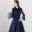 Moderne / Mode Bleu Marine Robe De Soirée 2018 Princesse Encolure Carrée Manches Longues Noeud Ceinture Longue Volants Dos Nu Robe De Ceremonie