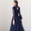 Moderne / Mode Bleu Marine Robe De Soirée 2018 Princesse Encolure Carrée Manches Longues Noeud Ceinture Longue Volants Dos Nu Robe De Ceremonie