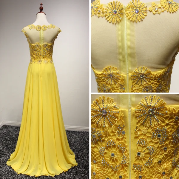 Moderne / Mode Jaune Robe De Soirée 2017 Princesse Train De Balayage Volants en Cascade Encolure Dégagée Sans Manches Dos Nu En Dentelle Appliques Percé Robe De Ceremonie