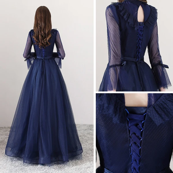 Moderne / Mode Bleu Marine Robe De Soirée 2018 Princesse Encolure Carrée Manches Longues Noeud Ceinture Longue Volants Dos Nu Robe De Ceremonie