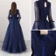 Moderne / Mode Bleu Marine Robe De Soirée 2018 Princesse Encolure Carrée Manches Longues Noeud Ceinture Longue Volants Dos Nu Robe De Ceremonie