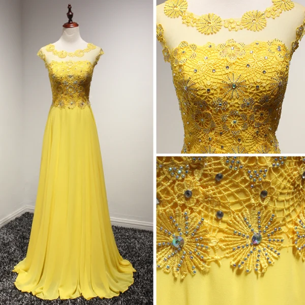 Moderne / Mode Jaune Robe De Soirée 2017 Princesse Train De Balayage Volants en Cascade Encolure Dégagée Sans Manches Dos Nu En Dentelle Appliques Percé Robe De Ceremonie