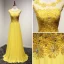 Moderne / Mode Jaune Robe De Soirée 2017 Princesse Train De Balayage Volants en Cascade Encolure Dégagée Sans Manches Dos Nu En Dentelle Appliques Percé Robe De Ceremonie