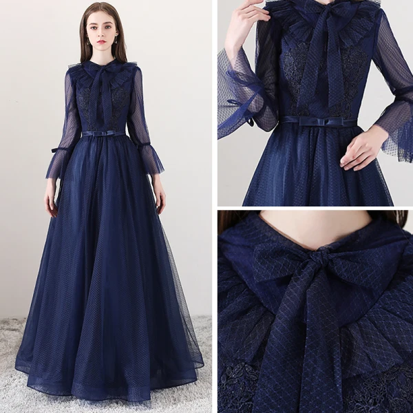 Moderne / Mode Bleu Marine Robe De Soirée 2018 Princesse Encolure Carrée Manches Longues Noeud Ceinture Longue Volants Dos Nu Robe De Ceremonie