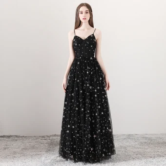Sexy Black Prom Dresses 2018 A Line Princess Spaghetti Straps Sleeveless Star Embroidered Floor Length Long Ruffle Backless Formal Dresses