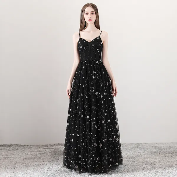 Sexy Black Prom Dresses 2018 A-Line / Princess Spaghetti Straps Sleeveless Star Embroidered Floor-Length / Long Ruffle Backless Formal Dresses