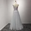 Chic / Belle Gris Robe De Soirée 2017 Princesse Longue Volants en Cascade Une épaule Sans Manches Dos Nu Noeud Ceinture Perle Appliques Fleur Faux Diamant Percé Robe De Ceremonie