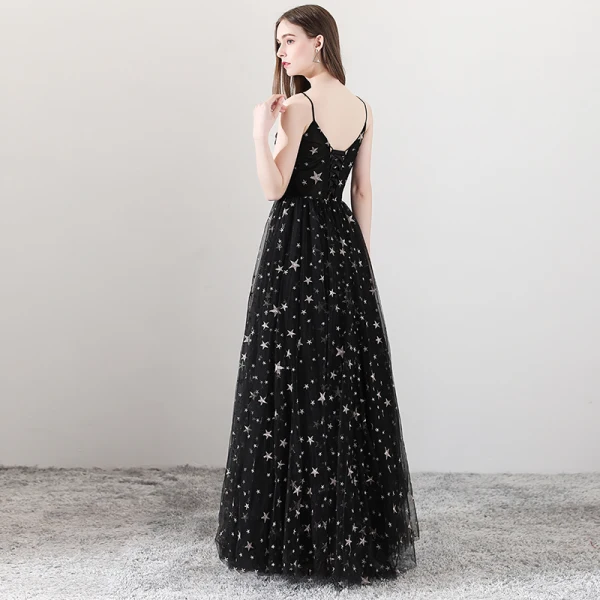 Sexy Black Prom Dresses 2018 A-Line / Princess Spaghetti Straps Sleeveless Star Embroidered Floor-Length / Long Ruffle Backless Formal Dresses