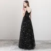 Sexy Black Prom Dresses 2018 A-Line / Princess Spaghetti Straps Sleeveless Star Embroidered Floor-Length / Long Ruffle Backless Formal Dresses