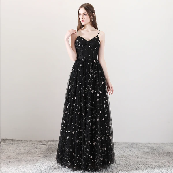 Sexy Black Prom Dresses 2018 A-Line / Princess Spaghetti Straps Sleeveless Star Embroidered Floor-Length / Long Ruffle Backless Formal Dresses