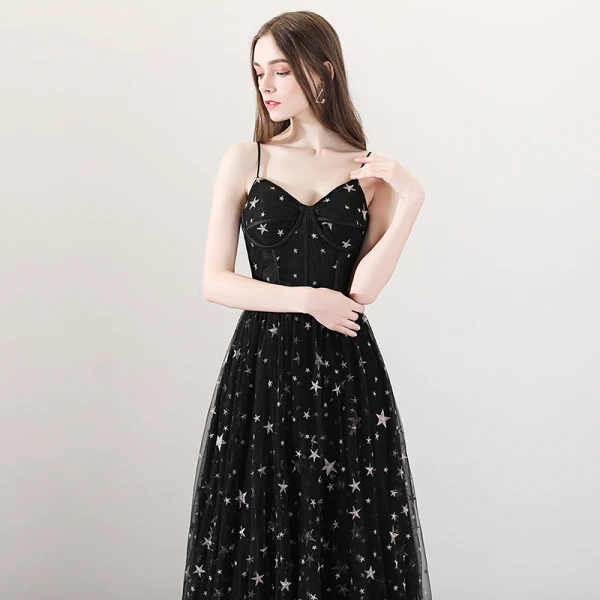 Sexy Black Prom Dresses 2018 A-Line / Princess Spaghetti Straps Sleeveless Star Embroidered Floor-Length / Long Ruffle Backless Formal Dresses