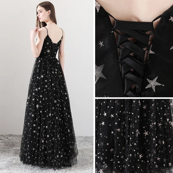 Sexy Black Prom Dresses 2018 A-Line / Princess Spaghetti Straps Sleeveless Star Embroidered Floor-Length / Long Ruffle Backless Formal Dresses