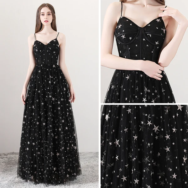 Sexy Black Prom Dresses 2018 A-Line / Princess Spaghetti Straps Sleeveless Star Embroidered Floor-Length / Long Ruffle Backless Formal Dresses
