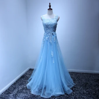 Elegante Blauw Avondjurken 2017 A Lijn Lange Cascading Ruches Ronde Hals Mouwloos Ruglooze Kralen Pailletten Kant Appliques Gordel Gelegenheid Jurken