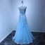 Elegante Blau Abendkleider 2017 A Linie Lange Fallende Rüsche Rundhalsausschnitt Ärmellos Rückenfreies Perlenstickerei Pailletten Mit Spitze Applikationen Stoffgürtel Festliche Kleider