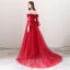 Charmant Bordeaux Robe De Soirée 2018 Princesse De l'épaule Manches Longues Appliques En Dentelle Fleur Faux Diamant Plumes Tribunal Train Volants Dos Nu Robe De Ceremonie