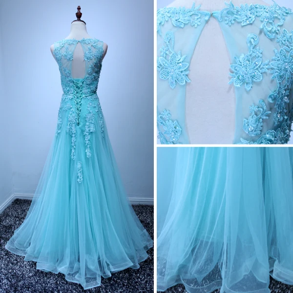 Elegante Blau Abendkleider 2017 A Linie Lange Fallende Rüsche Rundhalsausschnitt Ärmellos Rückenfreies Perlenstickerei Pailletten Mit Spitze Applikationen Stoffgürtel Festliche Kleider