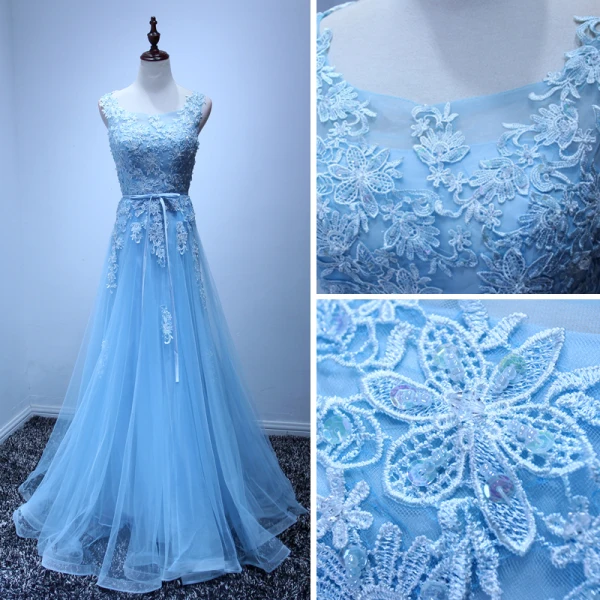Elegante Blau Abendkleider 2017 A Linie Lange Fallende Rüsche Rundhalsausschnitt Ärmellos Rückenfreies Perlenstickerei Pailletten Mit Spitze Applikationen Stoffgürtel Festliche Kleider
