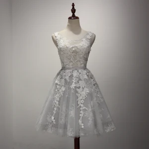 Chic Beautiful Grey Bridesmaid Dresses 2017 A Line Princess Scoop Neck Sleeveless Appliques Lace Glitter Tulle Short Ruffle Backless Wedding Party Dresses