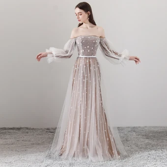 Élégant Marron Robe De Soirée 2018 Princesse De L Épaule Manches Longues Appliques Fleur Ceinture Longue Volants Dos Nu Robe De Ceremonie