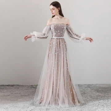 Elegant Brown Evening Dresses 2018 A Line Princess Off The Shoulder Long Sleeve Appliques Flower Sash Floor Length Long Ruffle Backless Formal Dresses