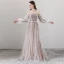 Elegant Brown Evening Dresses  2018 A-Line / Princess Off-The-Shoulder Long Sleeve Appliques Flower Sash Floor-Length / Long Ruffle Backless Formal Dresses
