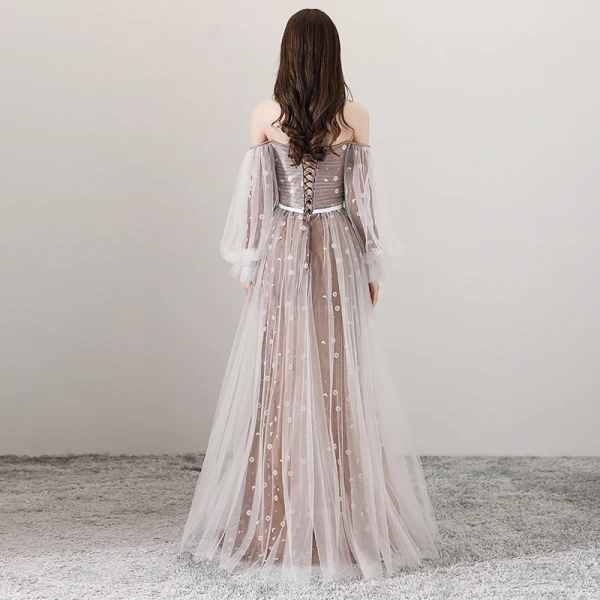 Elegant Brown Evening Dresses  2018 A-Line / Princess Off-The-Shoulder Long Sleeve Appliques Flower Sash Floor-Length / Long Ruffle Backless Formal Dresses