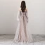 Elegant Brown Evening Dresses  2018 A-Line / Princess Off-The-Shoulder Long Sleeve Appliques Flower Sash Floor-Length / Long Ruffle Backless Formal Dresses