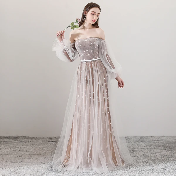 Elegant Brown Evening Dresses  2018 A-Line / Princess Off-The-Shoulder Long Sleeve Appliques Flower Sash Floor-Length / Long Ruffle Backless Formal Dresses