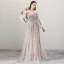 Elegant Brown Evening Dresses  2018 A-Line / Princess Off-The-Shoulder Long Sleeve Appliques Flower Sash Floor-Length / Long Ruffle Backless Formal Dresses