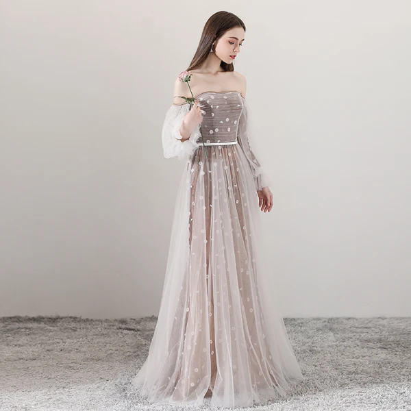 Elegant Brown Evening Dresses  2018 A-Line / Princess Off-The-Shoulder Long Sleeve Appliques Flower Sash Floor-Length / Long Ruffle Backless Formal Dresses