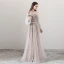 Elegant Brown Evening Dresses  2018 A-Line / Princess Off-The-Shoulder Long Sleeve Appliques Flower Sash Floor-Length / Long Ruffle Backless Formal Dresses