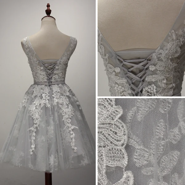 Chic / Beautiful Grey Bridesmaid Dresses 2017 A-Line / Princess Scoop Neck Sleeveless Appliques Lace Glitter Tulle Short Ruffle Backless Wedding Party Dresses